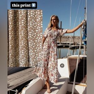 Bohme Brown Floral Smocked Midi Dress with Puff Sleeves Cottagecore